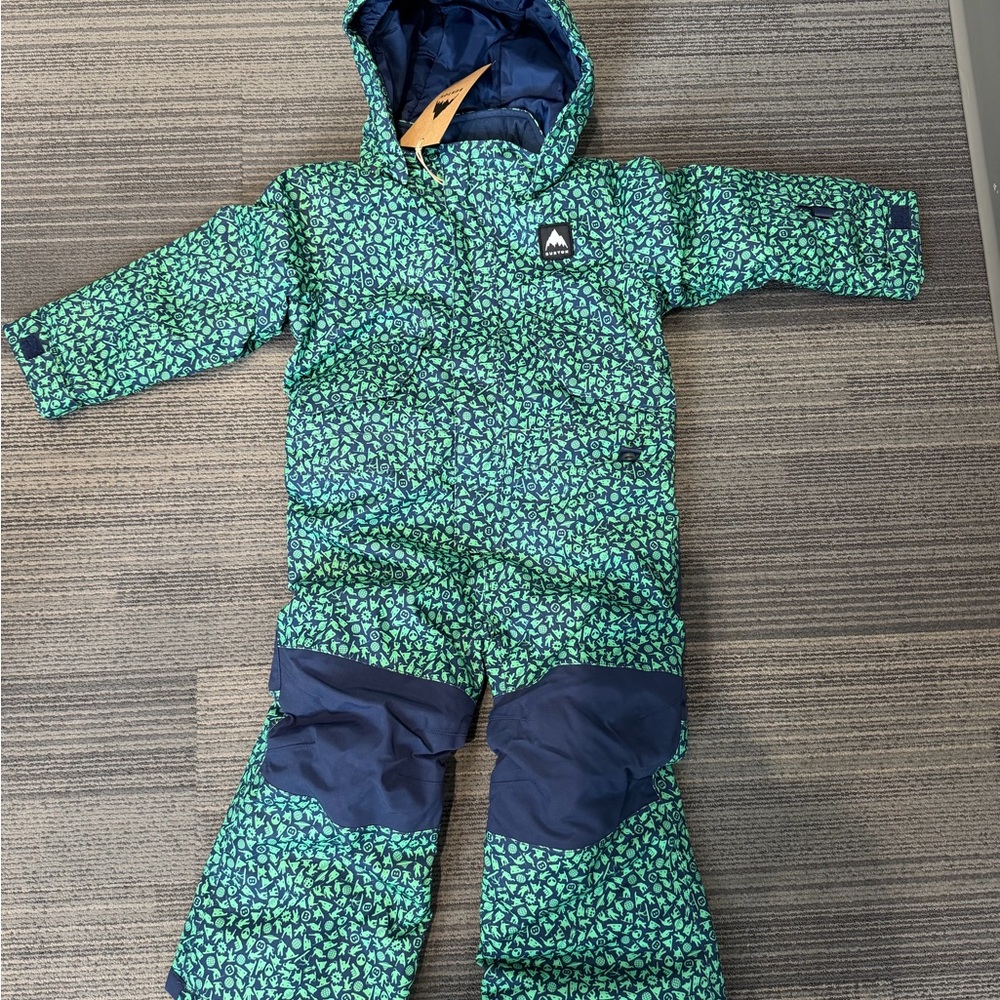 NWT Burton Kids Green Print Hooded Snow Suit with Navy Accents